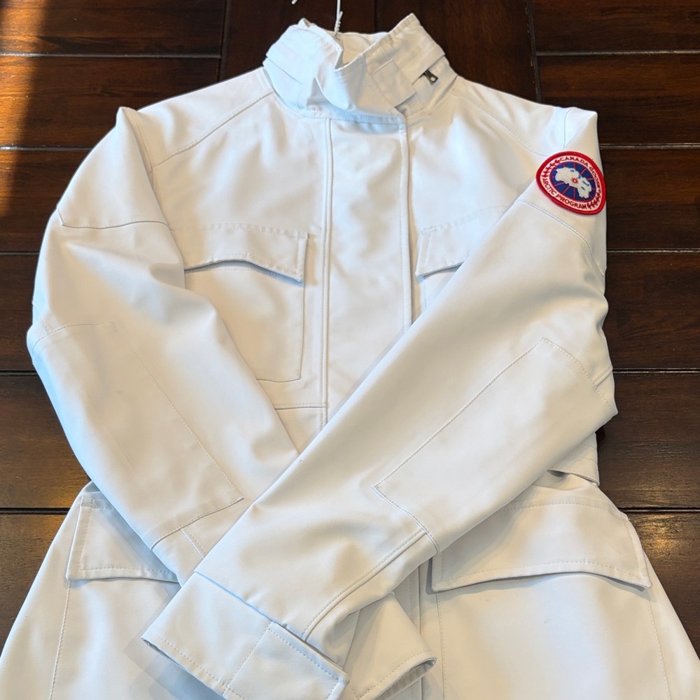 Canada Goose White Jacket with Red and Blue Sleeve Patch